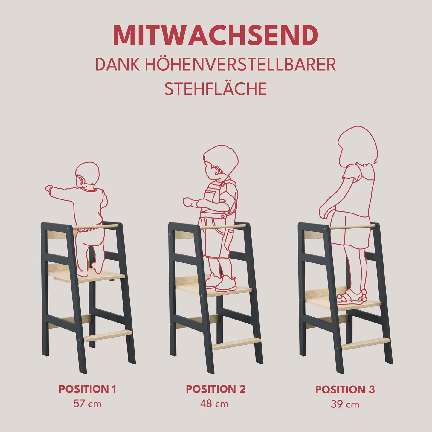 Milo Lernturm, Tritt 3-fach höhenverstellbar, grau/natur lackiert, Kiefer Massivholz