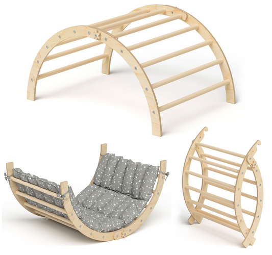 Ruki 2in1 Kletterbogen und Wippe zusammenklappbar, inkl. Matratze 'Weiße Sterne', natur lackiert, Buche Massivholz