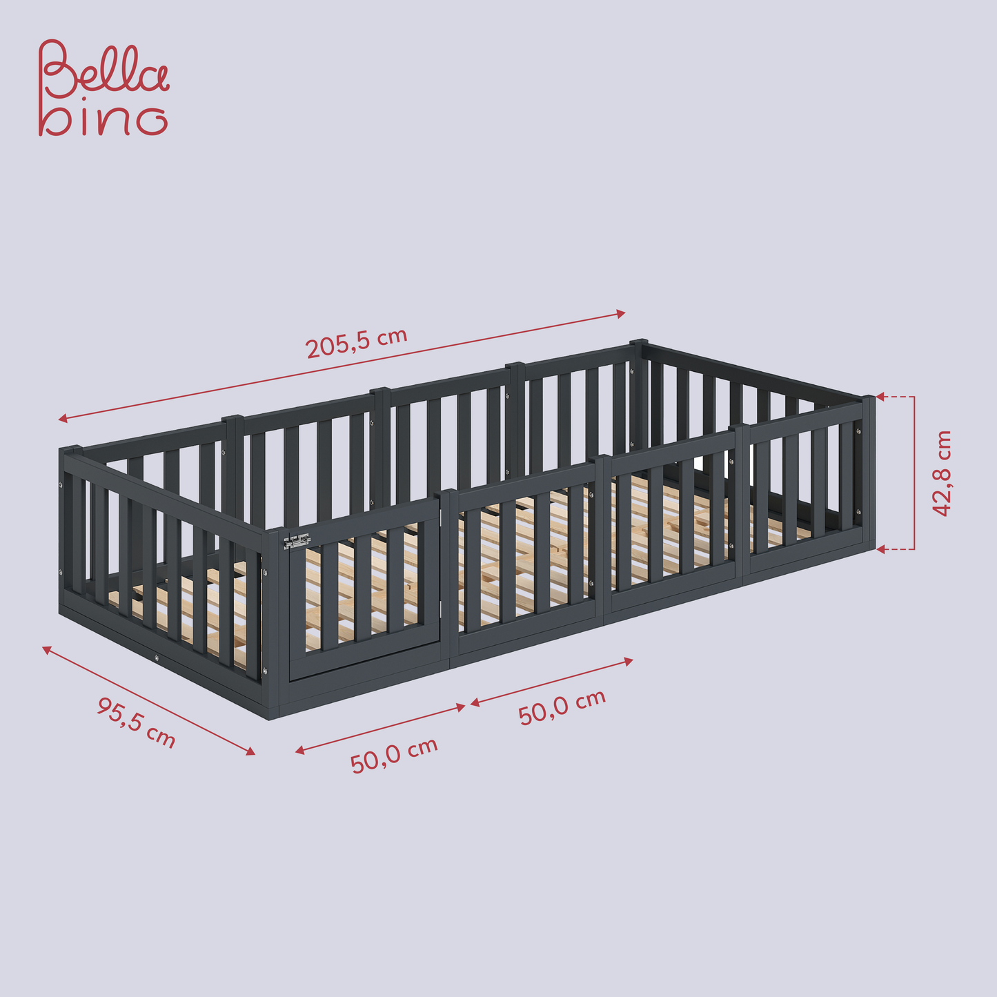 Tapi Bodenbett 90 x 200 cm mit Tür, grau lackiert, Kiefer massiv, inkl. Lattenrost