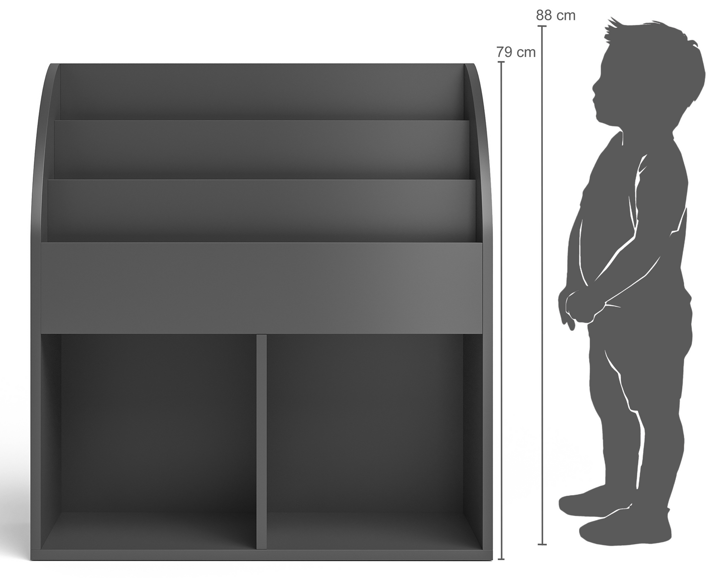 Koro Kinderregal, grau, mit 3 Fächern für Bücher und 2 Fächern für Boxen