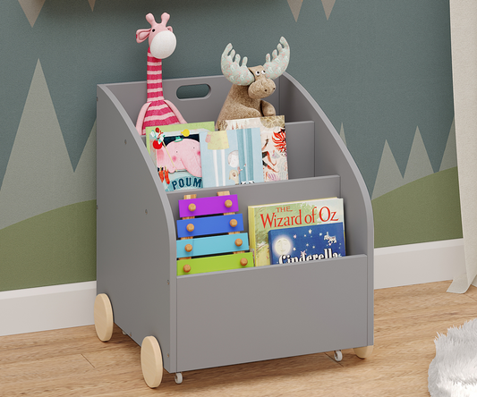 Towy Kinderbücherregal mit 3 Ablagefächern und Geheimfach, grau/natur, 43 x 40 x 43 cm