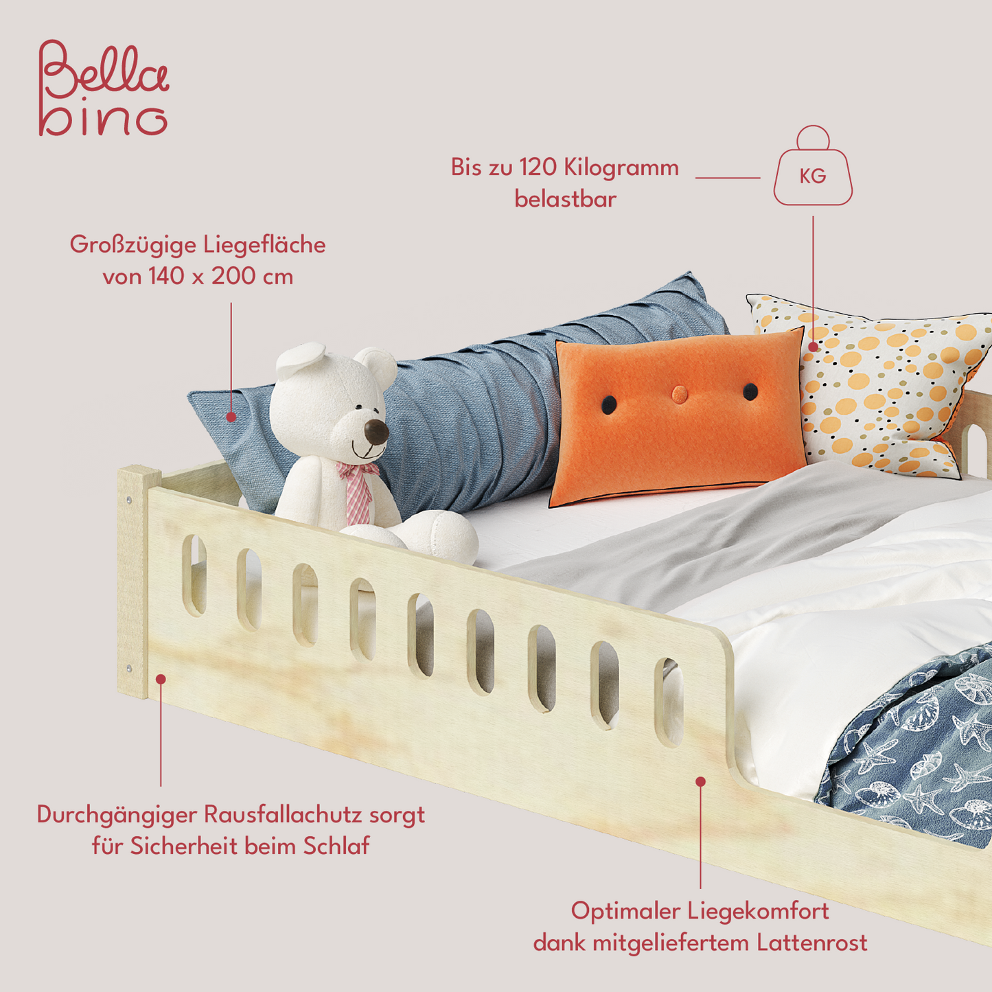 Miera Bodenbett mit Eingang, inkl. Rolllattenrost, Sperrholz Birke, natur, 140 x 200 cm