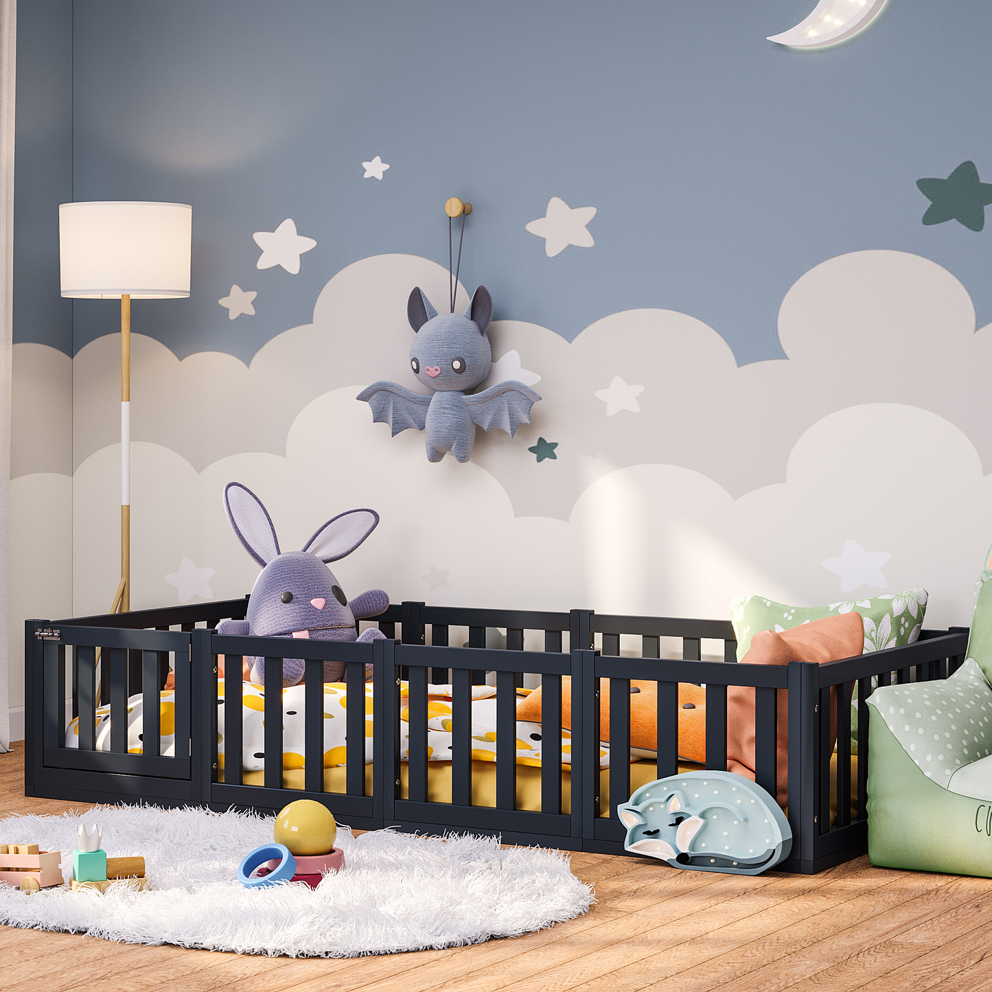 Tapi Bodenbett 90 x 200 cm mit Tür, grau lackiert, Kiefer massiv, inkl. Lattenrost