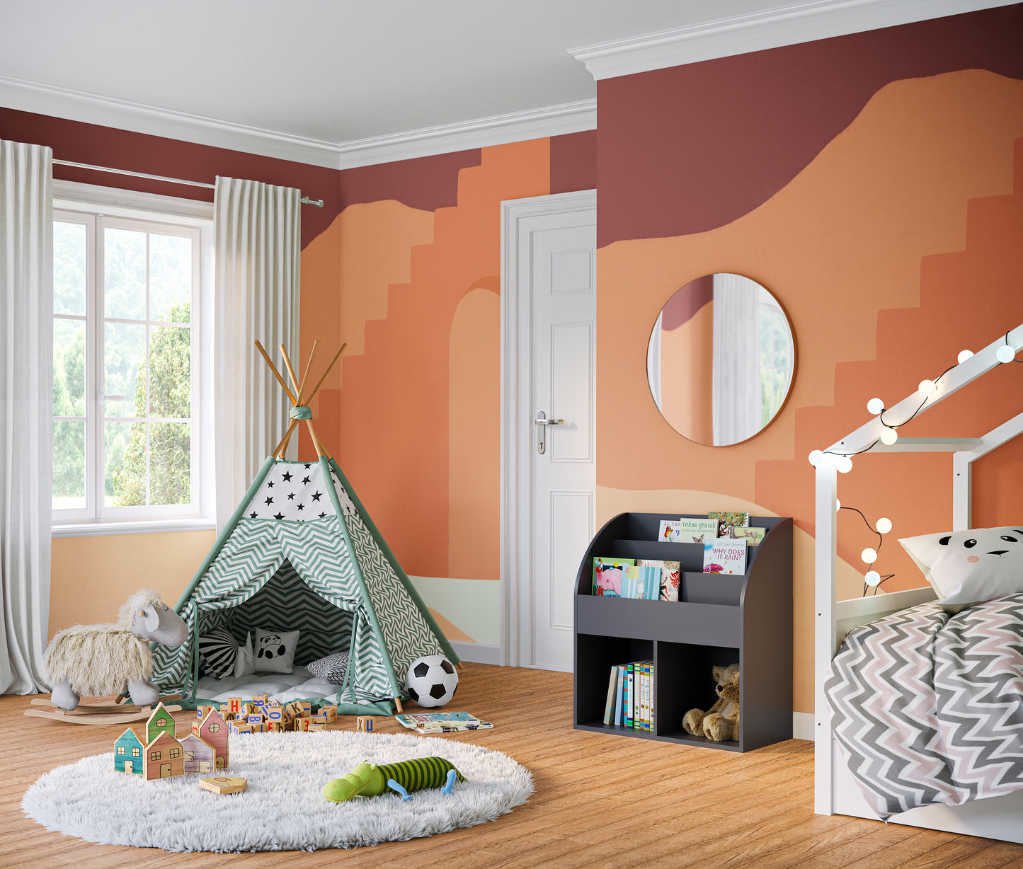 Koro Kinderregal, grau, mit 3 Fächern für Bücher und 2 Fächern für Boxen