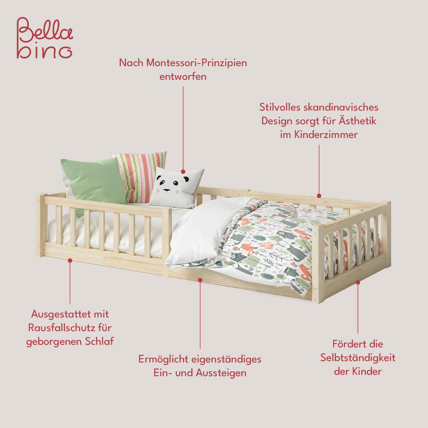 Vere Bodenbett 90x200 cm, natur, inkl. Lattenrost und Rausfallschutz, mit Matratze
