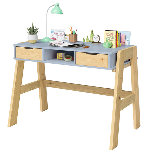 Campo Kinderschreibtisch, blau/natur, 4-fach höhenverstellbar, mit 2 Schubladen, 1 Ablagefach und 3 Aufbewahrungsfächern, 75 x 63 x 93 cm