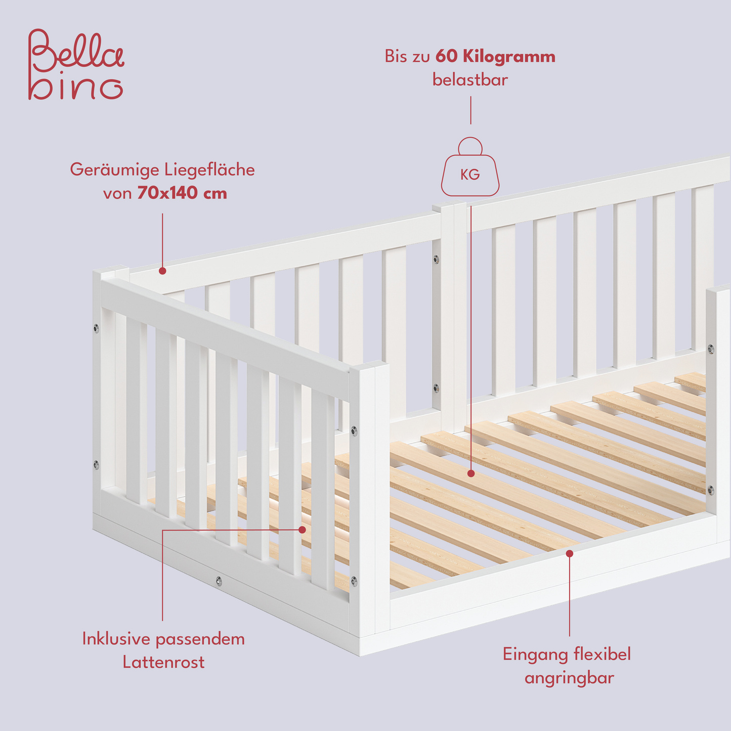 Tapi Bodenbett 70 x 140 cm, weiß lackiert, Kiefer massiv, inkl. Lattenrost