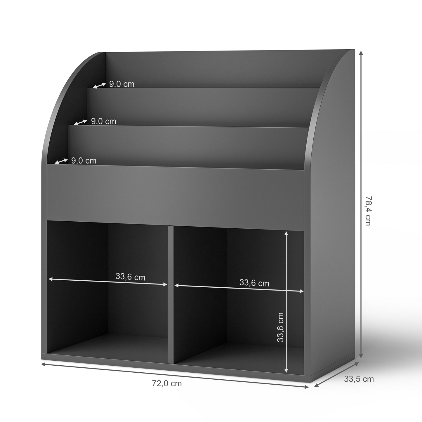 Koro Kinderregal, grau, mit 3 Fächern für Bücher und 2 Fächern für Boxen
