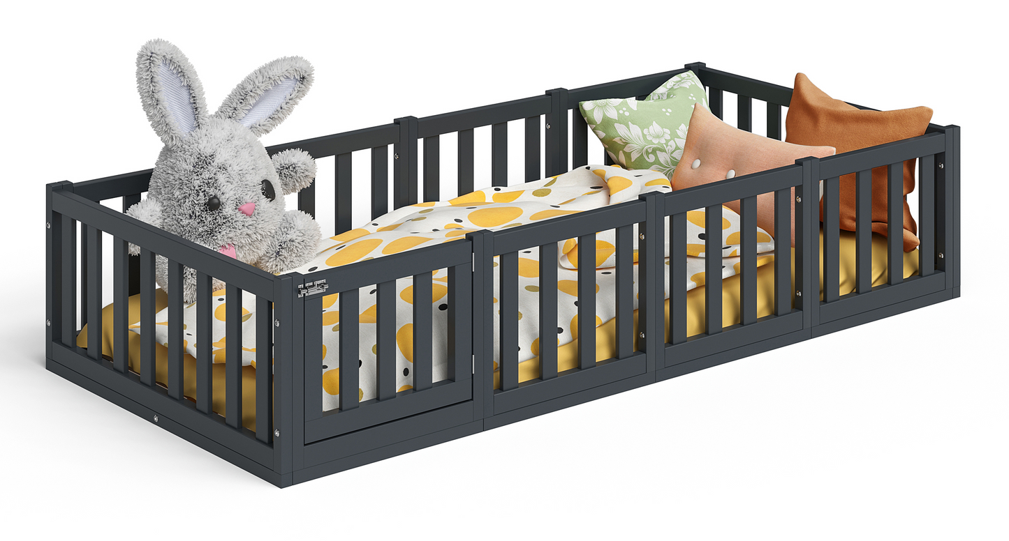 Tapi Bodenbett 90 x 200 cm mit Tür, grau lackiert, Kiefer massiv, inkl. Lattenrost