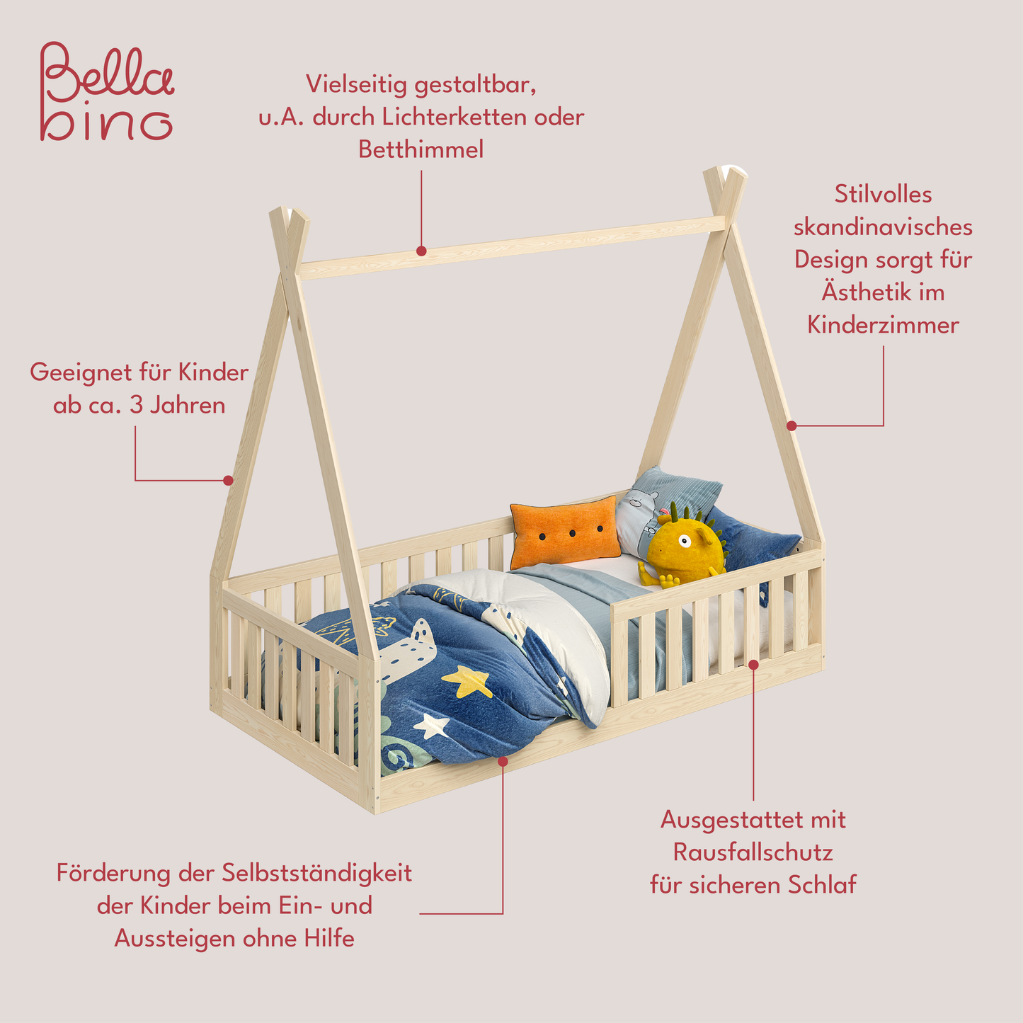 Tajo Tipi-Bodenbett inkl. Lattenrost, Kiefer massiv natur lackiert, 80x160 cm