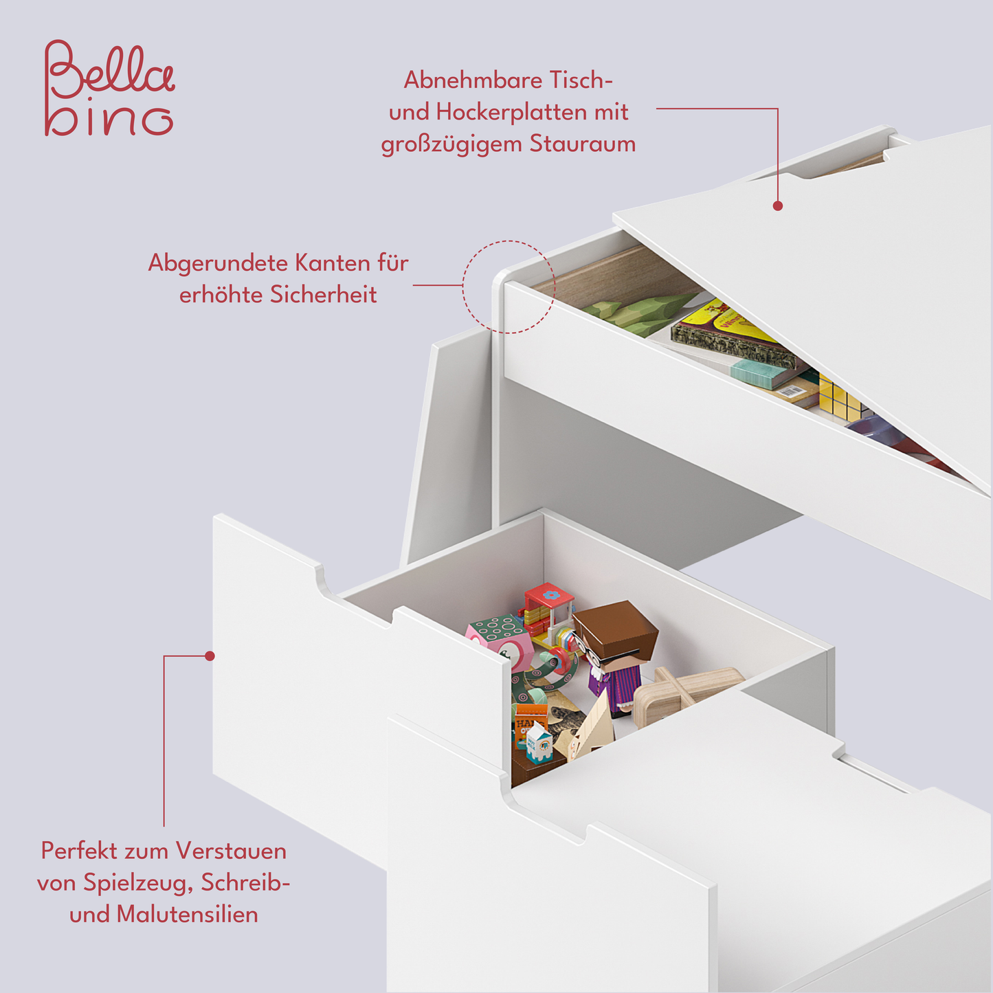 Dadu Spieltisch mit Aufbewahrungsfach, weiß, inkl. 2 Aufbewahrungsboxen / Sitzhocker