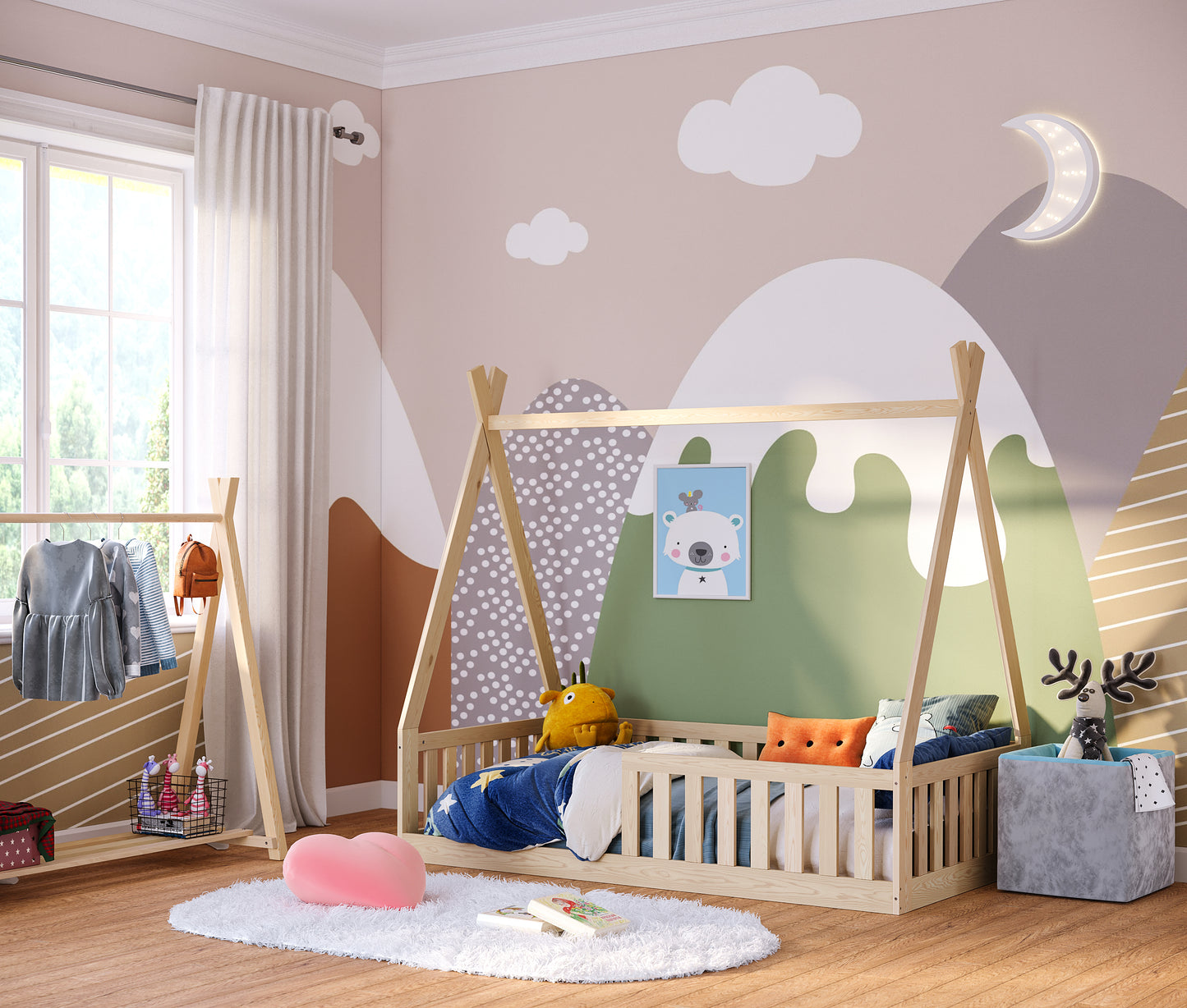 Tajo Tipi-Bodenbett inkl. Lattenrost, Kiefer massiv natur lackiert, 80x160 cm