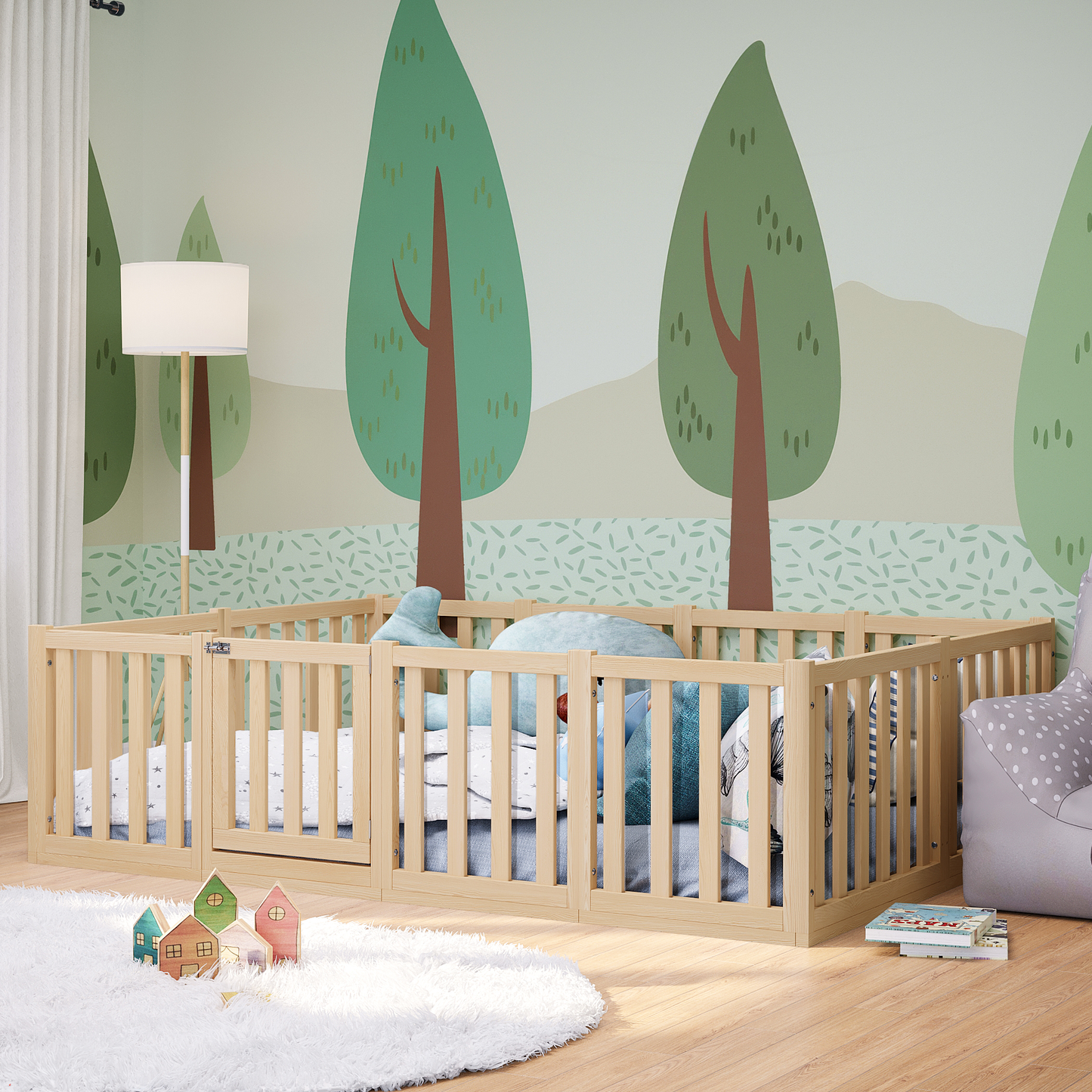 Tapi Bodenbett 140x200 cm mit extra hohem Gitter, mit Tür, natur lackiert, Kiefer massiv, inkl. Lattenrost