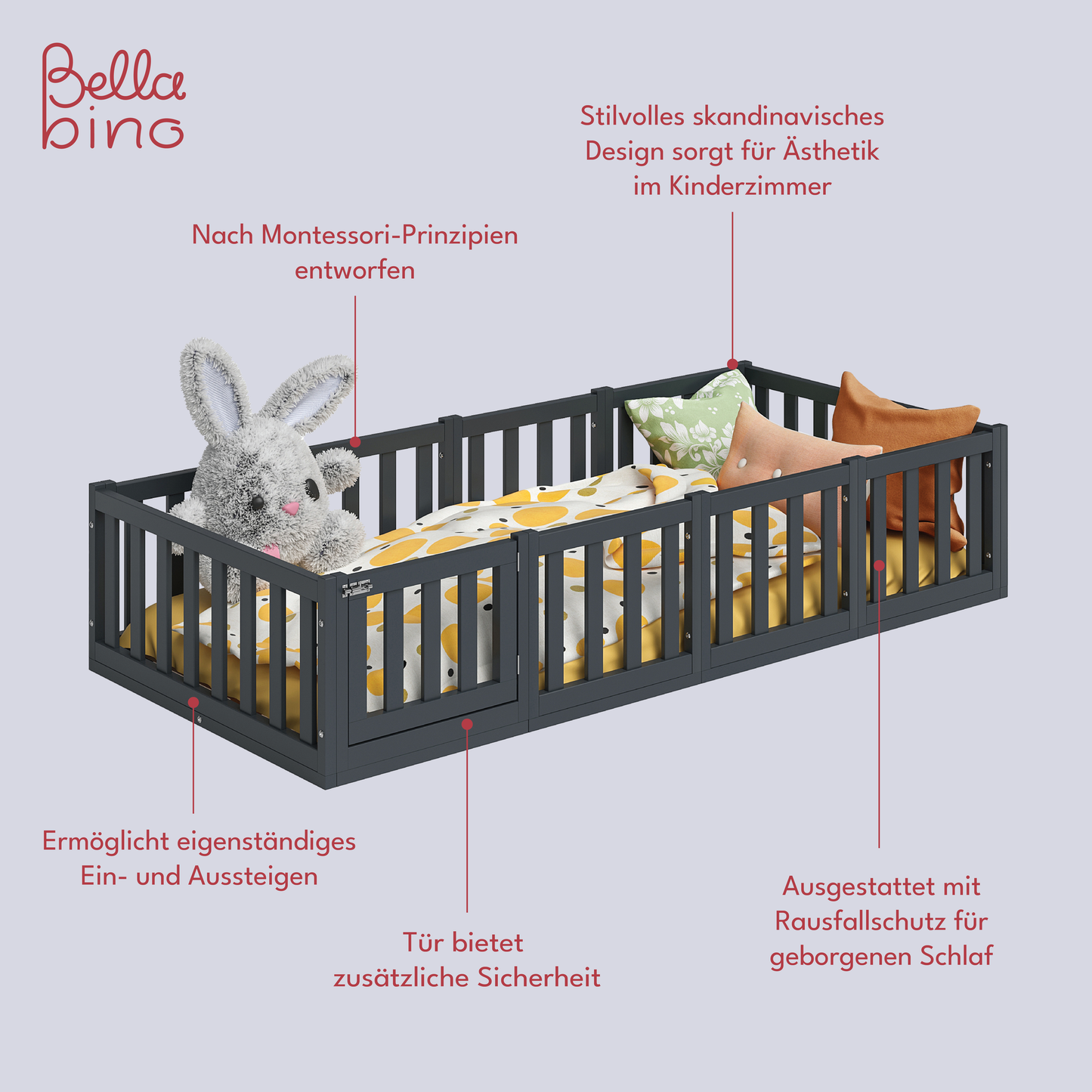 Tapi Bodenbett 90 x 200 cm mit Tür, grau lackiert, Kiefer massiv, inkl. Lattenrost