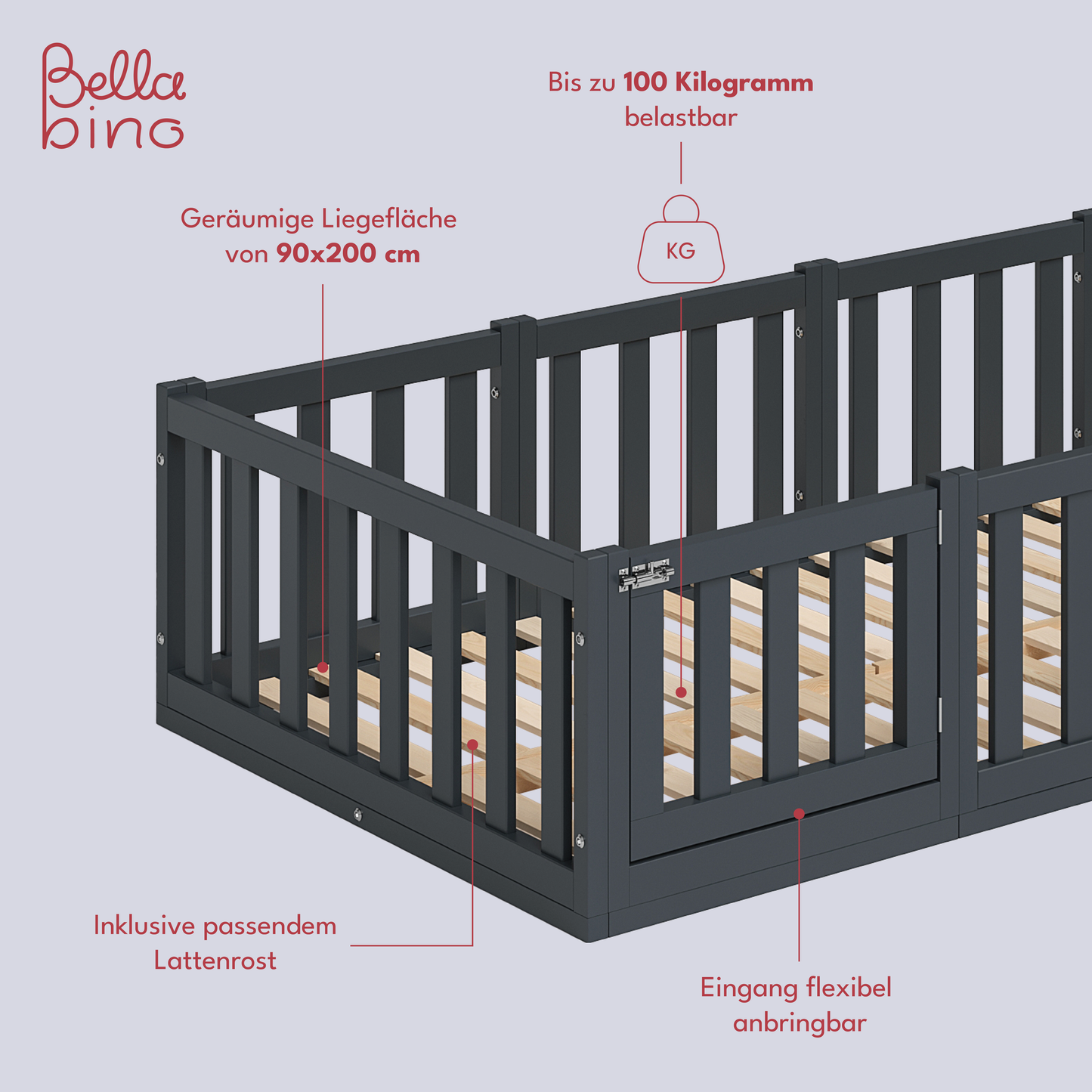 Tapi Bodenbett 90 x 200 cm mit Tür, grau lackiert, Kiefer massiv, inkl. Lattenrost