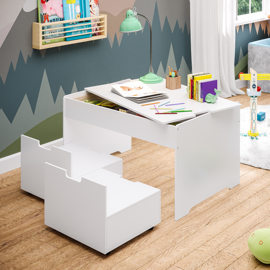 Dadu Spieltisch mit Aufbewahrungsfach, weiß, inkl. 2 Aufbewahrungsboxen / Sitzhocker