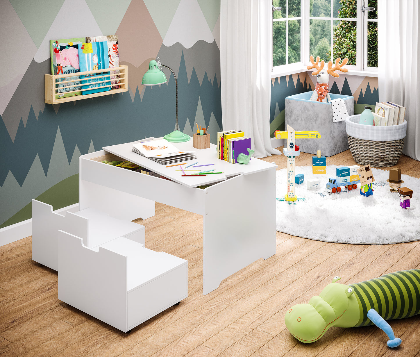 Dadu Spieltisch mit Aufbewahrungsfach, weiß, inkl. 2 Aufbewahrungsboxen / Sitzhocker