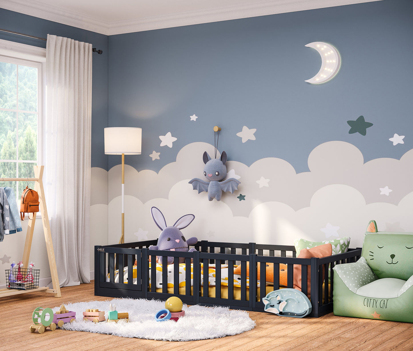 Tapi Bodenbett 90 x 200 cm mit Tür, grau lackiert, Kiefer massiv, inkl. Lattenrost