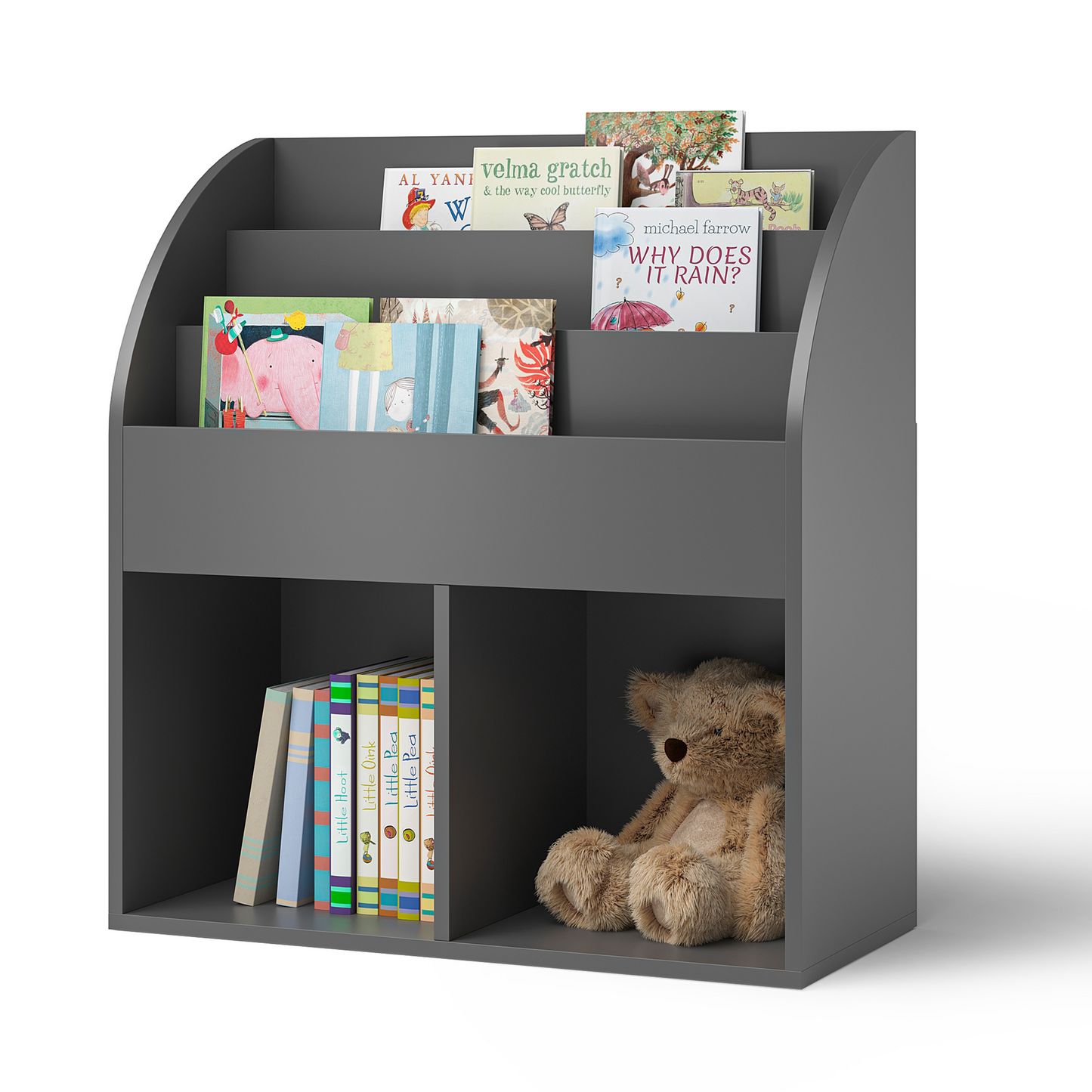 Koro Kinderregal, grau, mit 3 Fächern für Bücher und 2 Fächern für Boxen