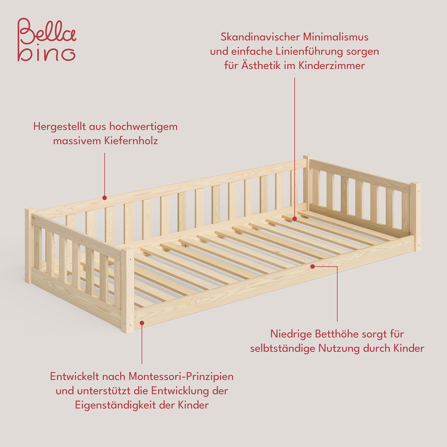 Mura Bodenbett inkl. Lattenrost, Kiefer massiv, natur lackiert, 90x200 cm