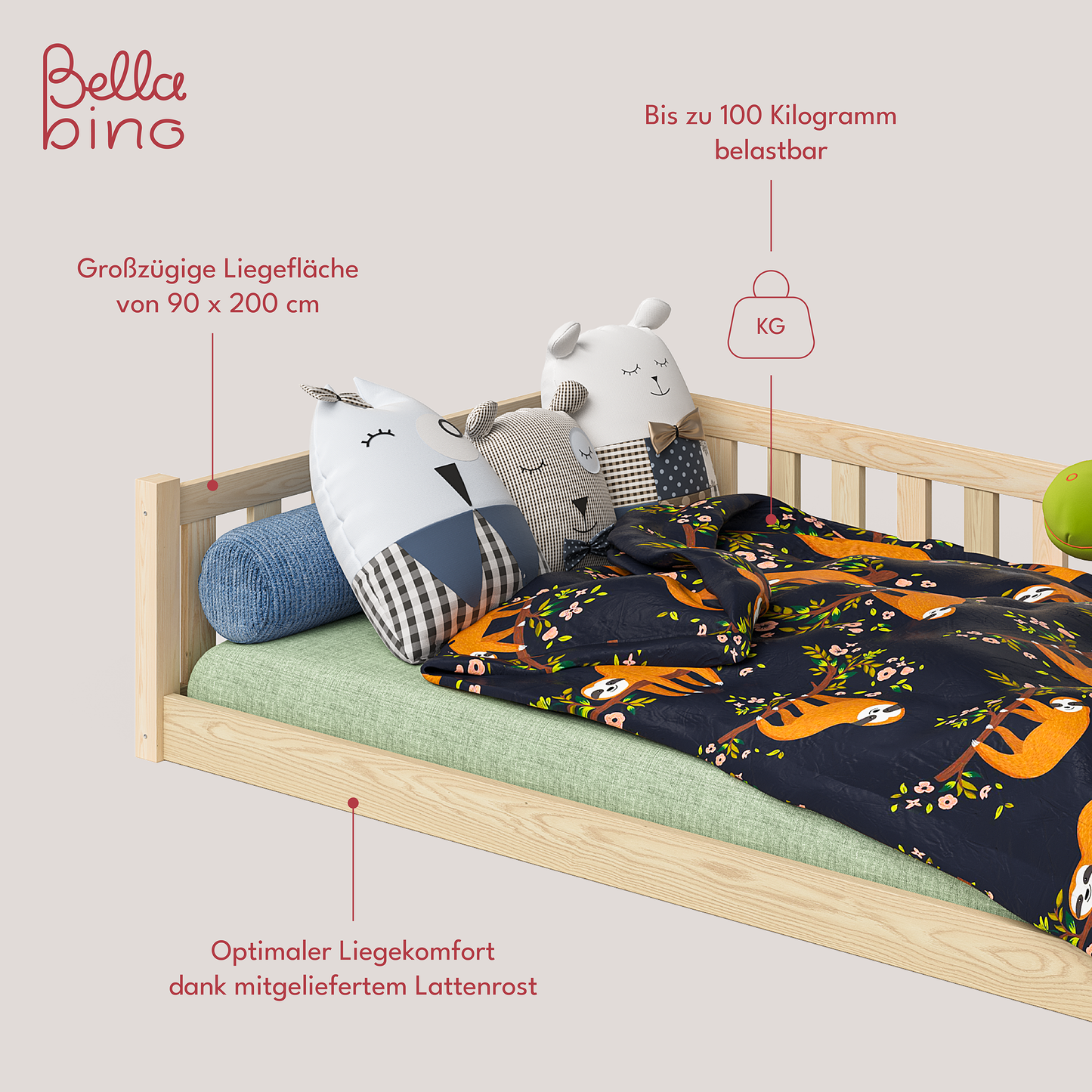 Mura Bodenbett inkl. Lattenrost, Kiefer massiv, natur lackiert, 90x200 cm