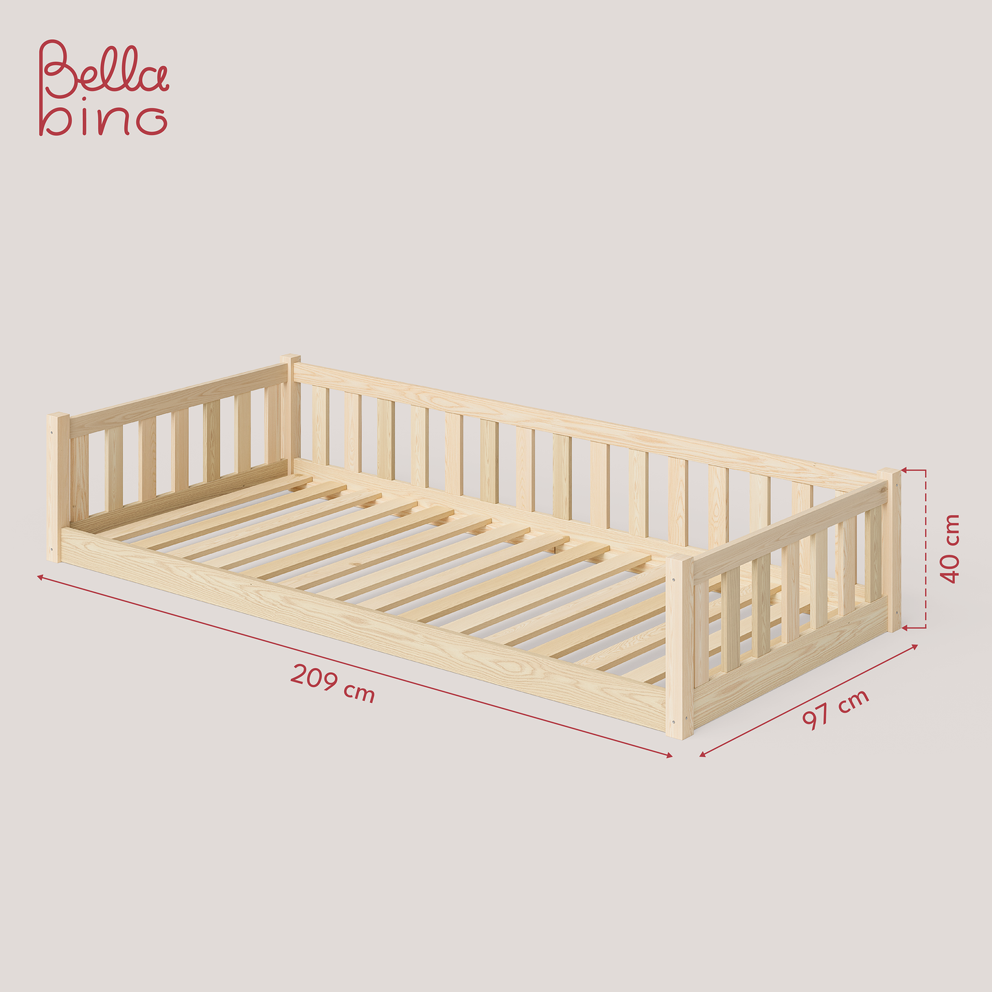 Mura Bodenbett inkl. Lattenrost, Kiefer massiv, natur lackiert, 90x200 cm