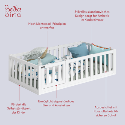 Tapi Bodenbett 80x160 cm mit Tür, weiß lackiert, Kiefer massiv, inkl. Lattenrost