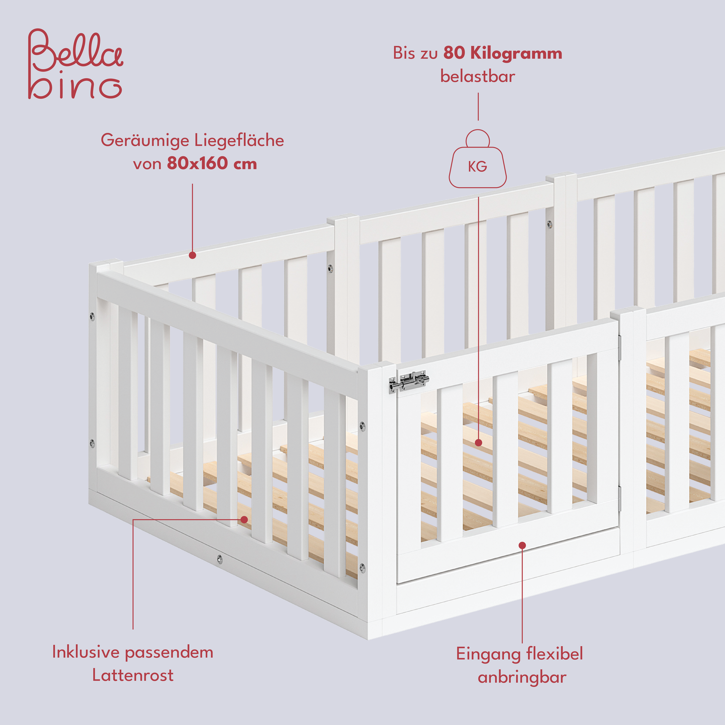 Tapi Bodenbett 80x160 cm mit Tür, weiß lackiert, Kiefer massiv, inkl. Lattenrost