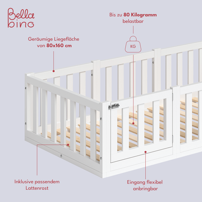Tapi Bodenbett 80x160 cm mit Tür, weiß lackiert, Kiefer massiv, inkl. Lattenrost