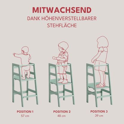 Milo Lernturm, Tritt 3-fach höhenverstellbar, mintgrün lackiert, Kiefer Massivholz