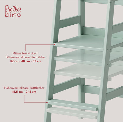 Milo Lernturm, Tritt 3-fach höhenverstellbar, mintgrün lackiert, Kiefer Massivholz