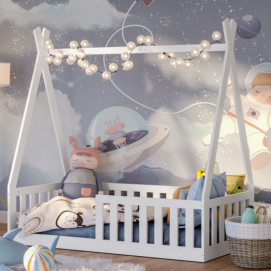 Tajo Tipi-Bodenbett 70x140 cm, weiß lackiert, Kiefer massiv, inkl. Rolllattenrost