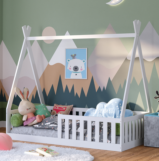 Tajo Tipi-Bodenbett inkl. Rolllattenrost, Kiefer massiv, weiß lackiert, 80x160 cm