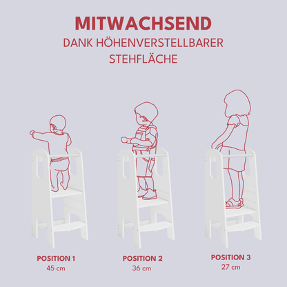 Luni Lernturm, Tritt 3-fach höhenverstellbar, weiß lackiert, Birke Sperrholz