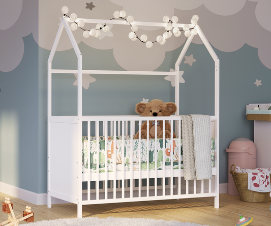 Nika Hausbett 3-fach höhenverstellbar inkl. Lattenrost, Kiefer massiv, weiß lackiert, 60x120 cm