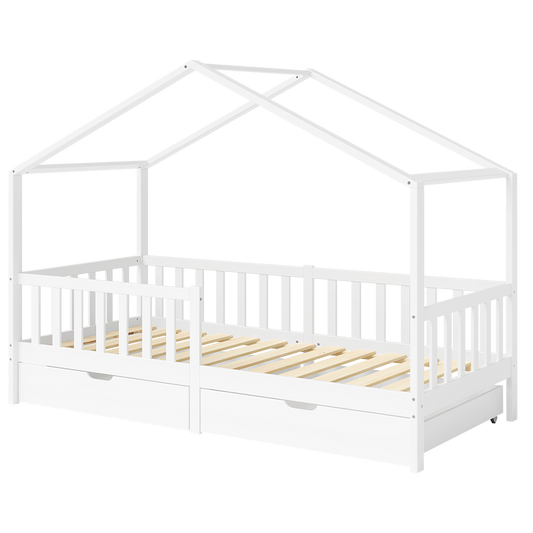 Bia Hausbett 80x160 cm mit Matratze und 2 Schubladen, weiß, Kiefer Massivholz, Montessori Kinderbett mit Stauraum, inkl. Rausfallschutz und Lattenrost