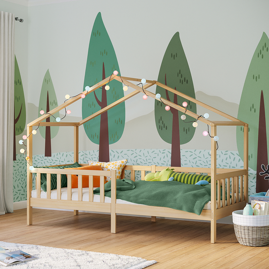 Bia Hausbett 90x200 cm, natur, Kiefer Massivholz, Montessori Kinderbett mit Rausfallschutz und Lattenrost
