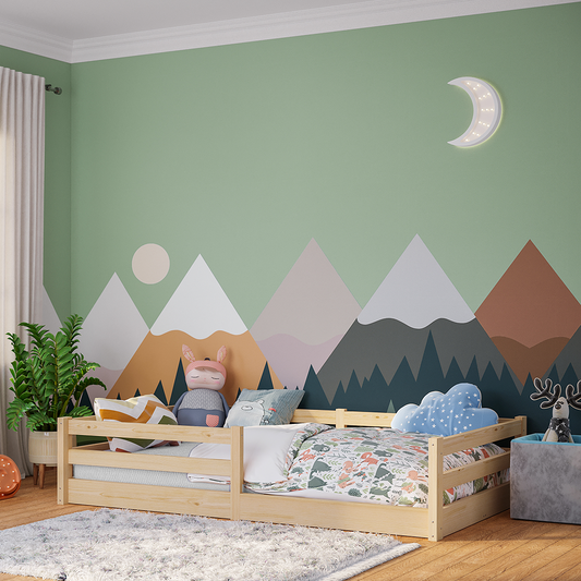 Iskri Bodenbett 120x200 cm, natur, Massivholz Kiefer, Montessori Kinderbett mit Rausfallschutz und Lattenrost