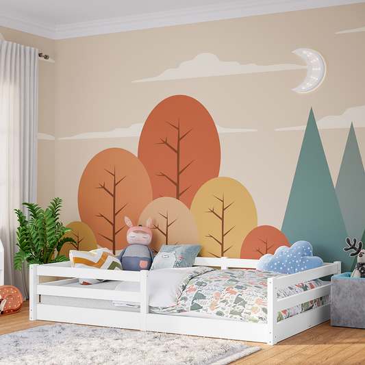 Iskri Bodenbett 140x200 cm, weiß, Massivholz Kiefer, Montessori Kinderbett mit Rausfallschutz und Lattenrost