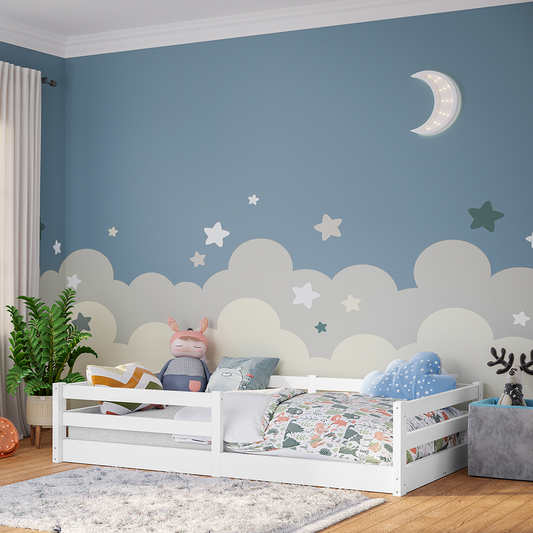 Iskri Bodenbett 120x200 cm, weiß, Massivholz Kiefer, Montessori Kinderbett mit Rausfallschutz und Lattenrost