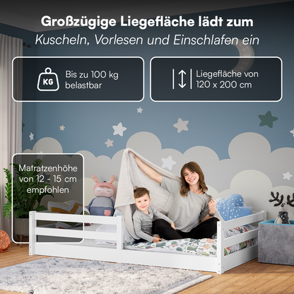 Iskri Bodenbett 120x200 cm mit Matratze, weiß, Massivholz Kiefer, Montessori Kinderbett mit Rausfallschutz und Lattenrost