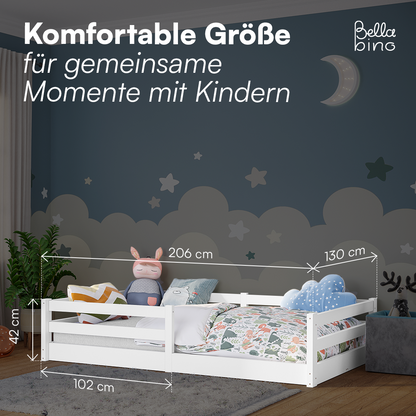 Iskri Bodenbett 120x200 cm mit Matratze, weiß, Massivholz Kiefer, Montessori Kinderbett mit Rausfallschutz und Lattenrost