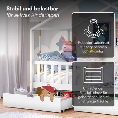 Bia Hausbett 80x160 cm mit Matratze und 2 Schubladen, weiß, Kiefer Massivholz, Montessori Kinderbett mit Stauraum, inkl. Rausfallschutz und Lattenrost