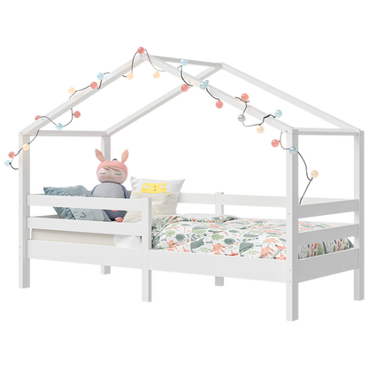 Abia Hausbett 90x200 cm mit Matratze, weiß, Kiefer Massivholz, Montessori Kinderbett mit Rausfallschutz und Lattenrost