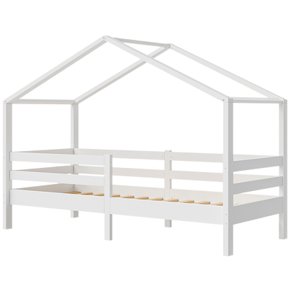 Abia Hausbett 90x200 cm mit Matratze, weiß, Kiefer Massivholz, Montessori Kinderbett mit Rausfallschutz und Lattenrost