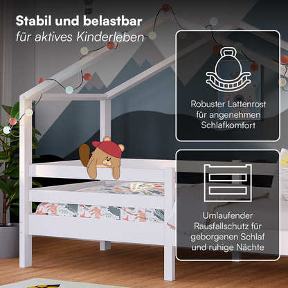Abia Hausbett 90x200 cm mit Matratze, weiß, Kiefer Massivholz, Montessori Kinderbett mit Rausfallschutz und Lattenrost