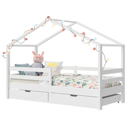 Abia Hausbett 90x200 cm mit Matratze und 2 Schubladen, weiß, Kiefer Massivholz, Montessori Kinderbett mit Stauraum, inkl. Rausfallschutz und Lattenrost