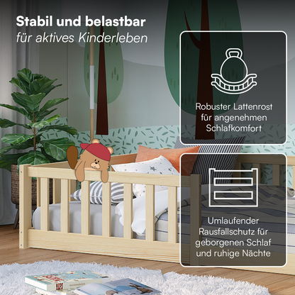 Vere Bodenbett 120x200 cm, natur, inkl. Lattenrost und Rausfallschutz, mit Matratze