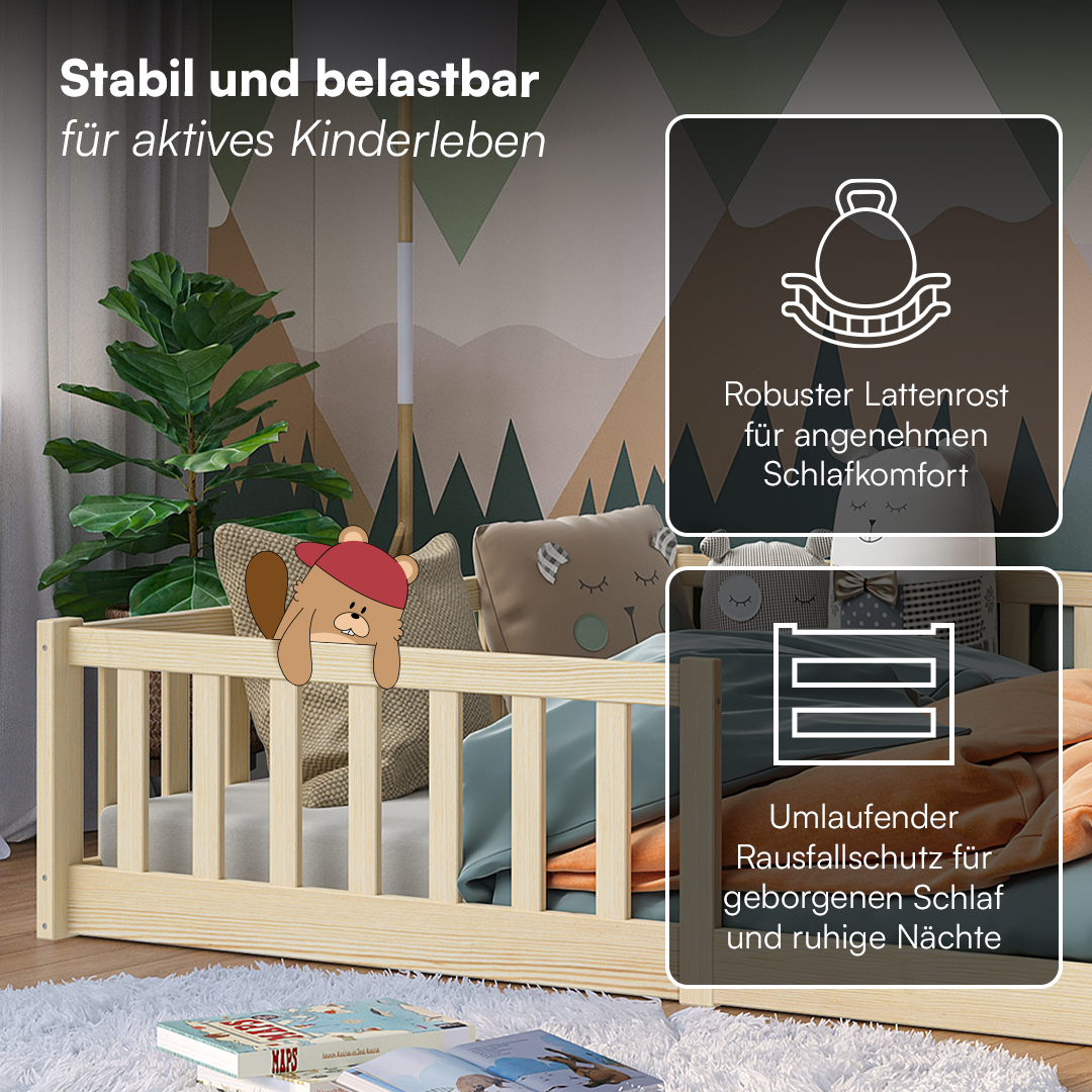 Vere Bodenbett 140x200 cm, natur, inkl. Lattenrost und Rausfallschutz, mit Matratze