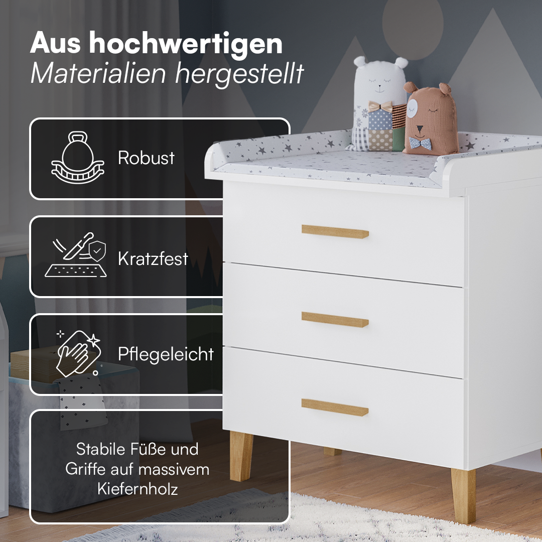 Liri Wickelkommode, weiß/natur, mit 3 Schubladen und abnehmbaren Wickelaufsatz